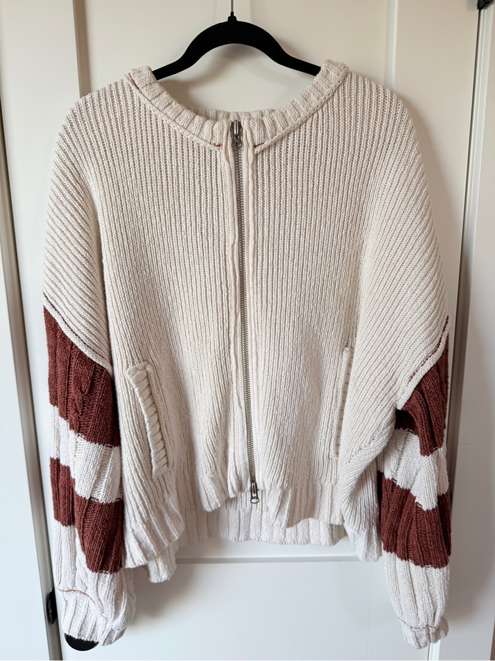 Pilcro Cream zip. Down cardigan with Brown Tiger Intarsia sz L - Picture 2 of 8